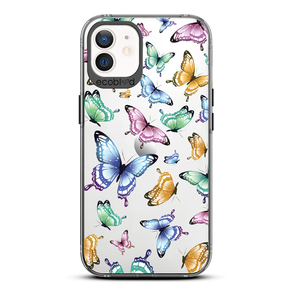 Social Butterfly - Black  Eco-Friendly iPhone 12/12 Pro Case With Colorful Butterflies On A Clear Back - Compostable