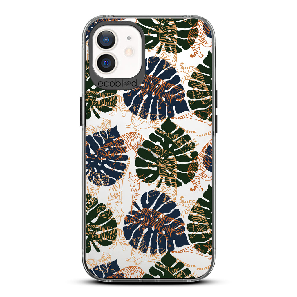 Tropic Roar - Black Eco-Friendly iPhone 12/12 Pro Case With Jungle Leaves & Orange / Yellow Tiger Outlines On A Clear Back