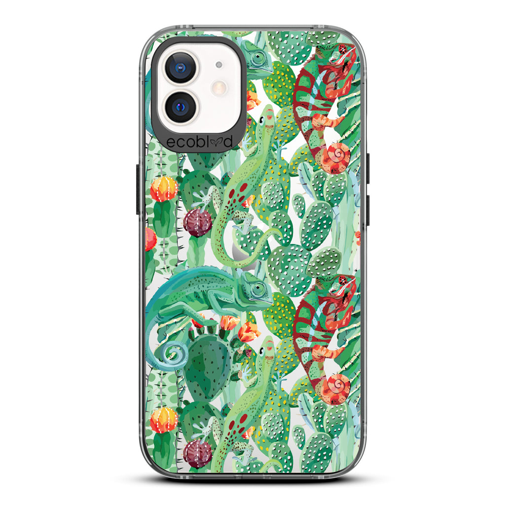 In Plain Sight - Black Eco-Friendly iPhone 12/12 Pro Case With Chameleons On Cacti On A Clear Back