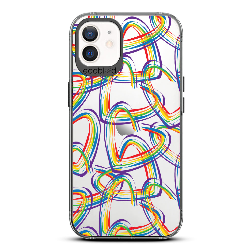 One Love - Black Eco-Friendly iPhone 12/12 Pro Case With Brush Stroke Rainbow Hearts On A Clear Back