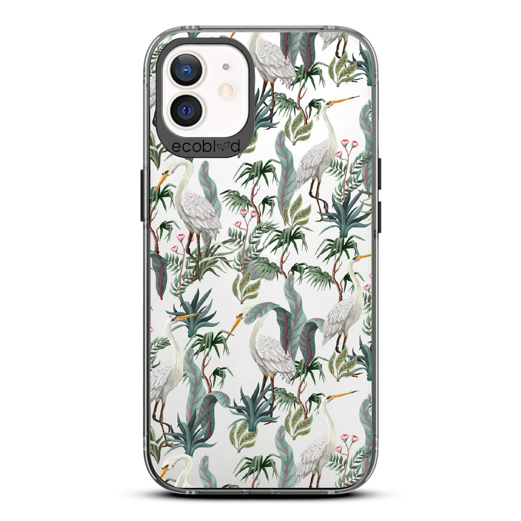Flock Together - Black Eco-Friendly iPhone 12/12 Pro Case With Herons & Peonies On A Clear Back