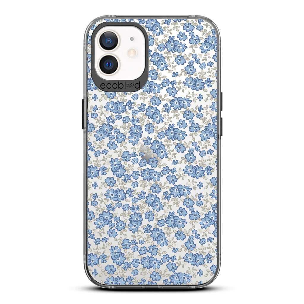 Ditsy Daze - Black Eco-Friendly iPhone 12/12 Pro Case With Vintage Forget-Me-Not Flowers On A Clear Back