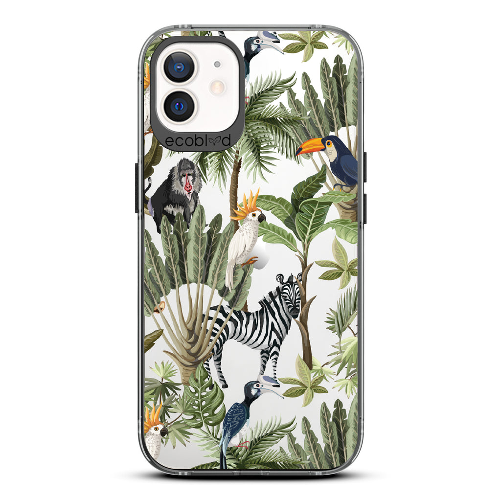 Toucan Play That Game - Black Eco-Friendly iPhone 12/12 Pro Case With Jungle Fauna, Toucan, Zebra & More On A Clear Back