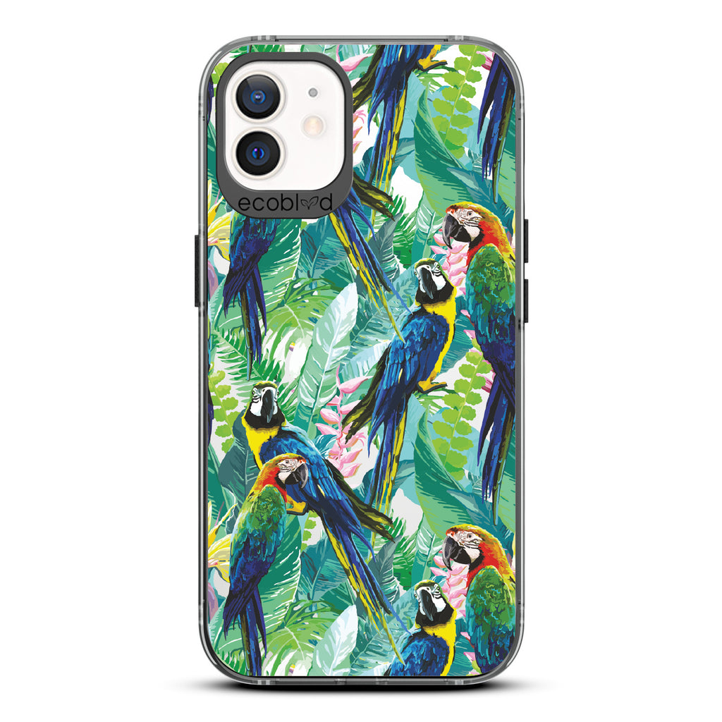 Macaw Medley - Black Eco-Friendly iPhone 12/12 Pro Case With Macaws & Tropical Leaves On A Clear Back