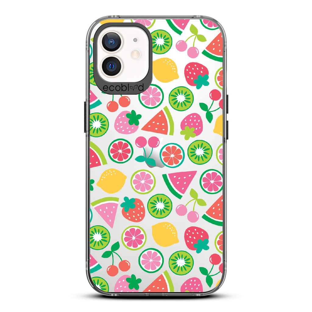 Juicy Fruit -  Black Eco-Friendly iPhone 12/12 Pro Case With Various Colorful Summer Fruits On A Clear Back