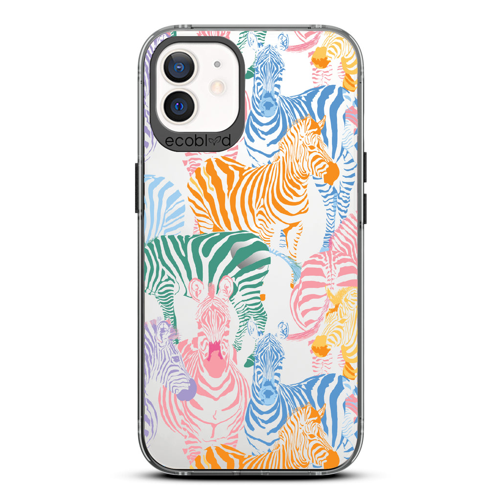 Colorful Herd - Black Eco-Friendly iPhone 12/12 Pro Case With Zebras in Multiple Colors On A Clear Back