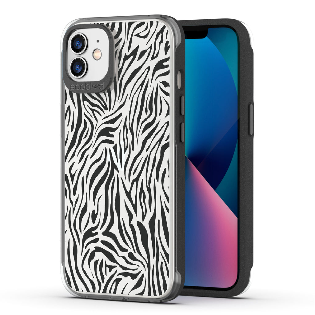 Zebra Print - Back View Of Black & Clear Eco-Friendly iPhone 12/12 Pro Case & A Front View Of The Screen