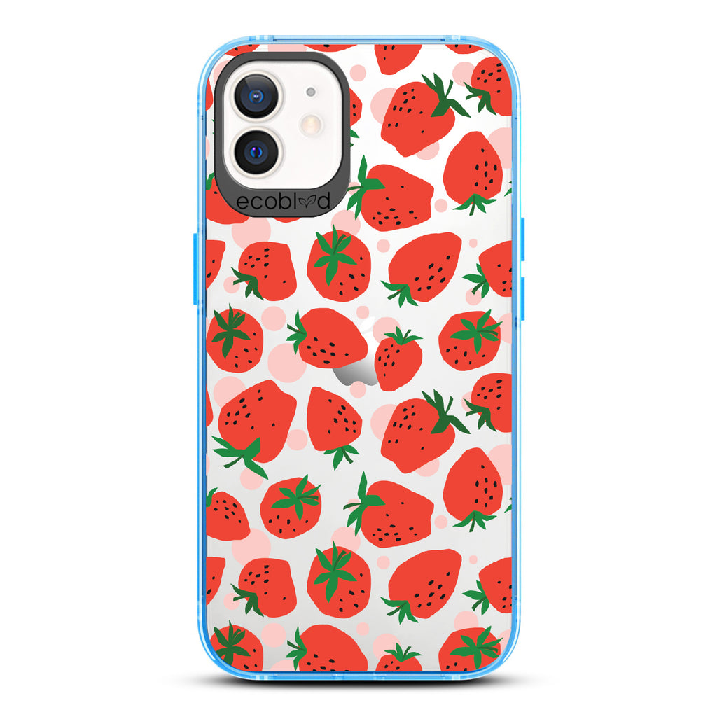 Strawberry Fields -  Blue Eco-Friendly iPhone 12/12 Pro Case With Strawberries On A Clear Back