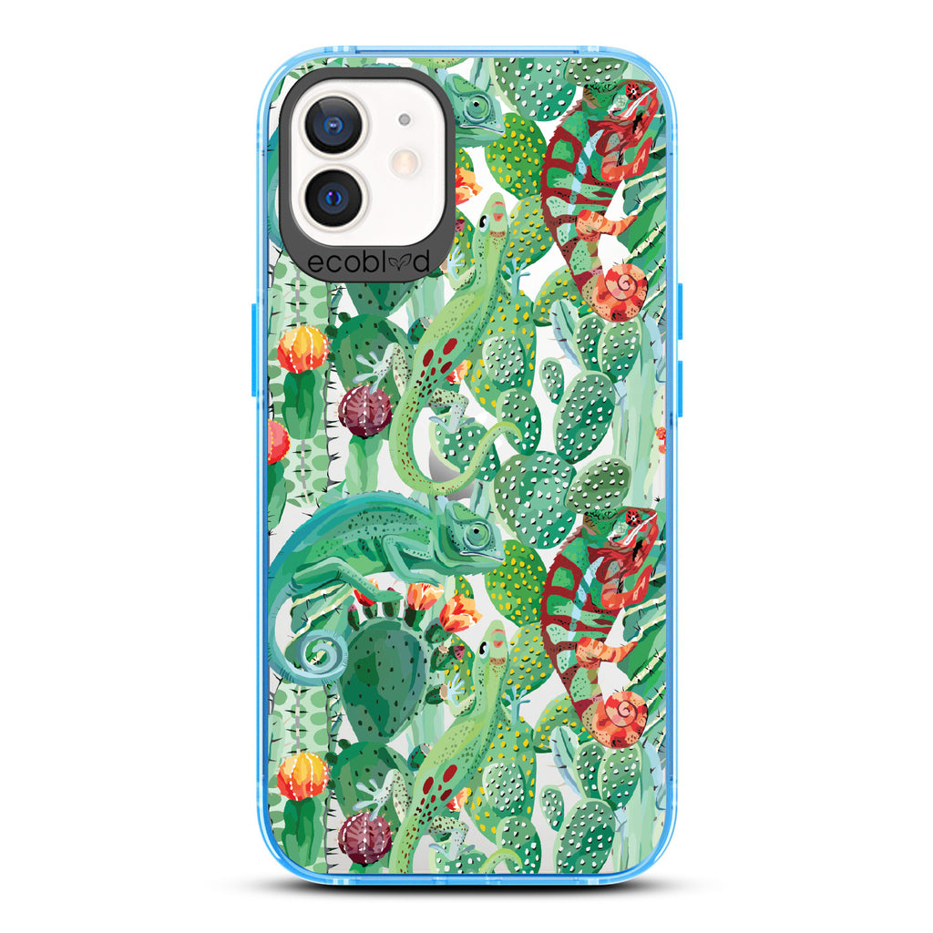 In Plain Sight - Blue Eco-Friendly iPhone 12/12 Pro Case With Chameleons On Cacti On A Clear Back