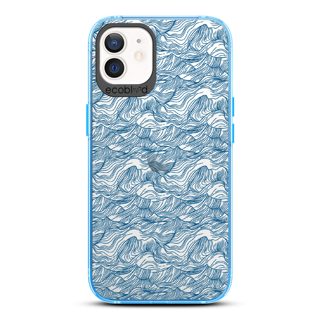 Seas The Day - Blue Eco-Friendly iPhone 12/12 Pro Case With Hand Drawn Waves On A Clear Back