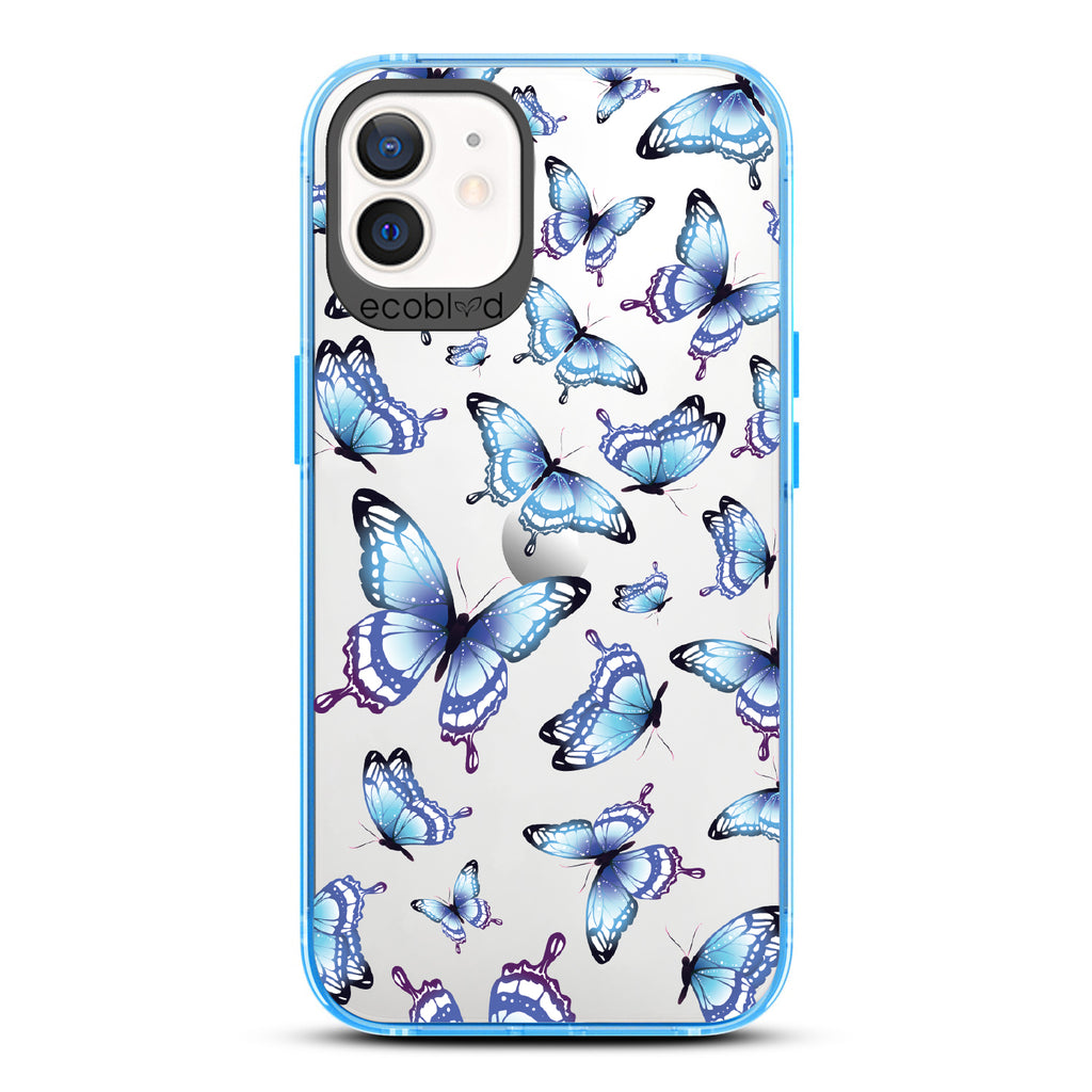 Social Butterfly - Blue  Eco-Friendly iPhone 12/12 Pro Case With Blue Butterflies On A Clear Back - Compostable