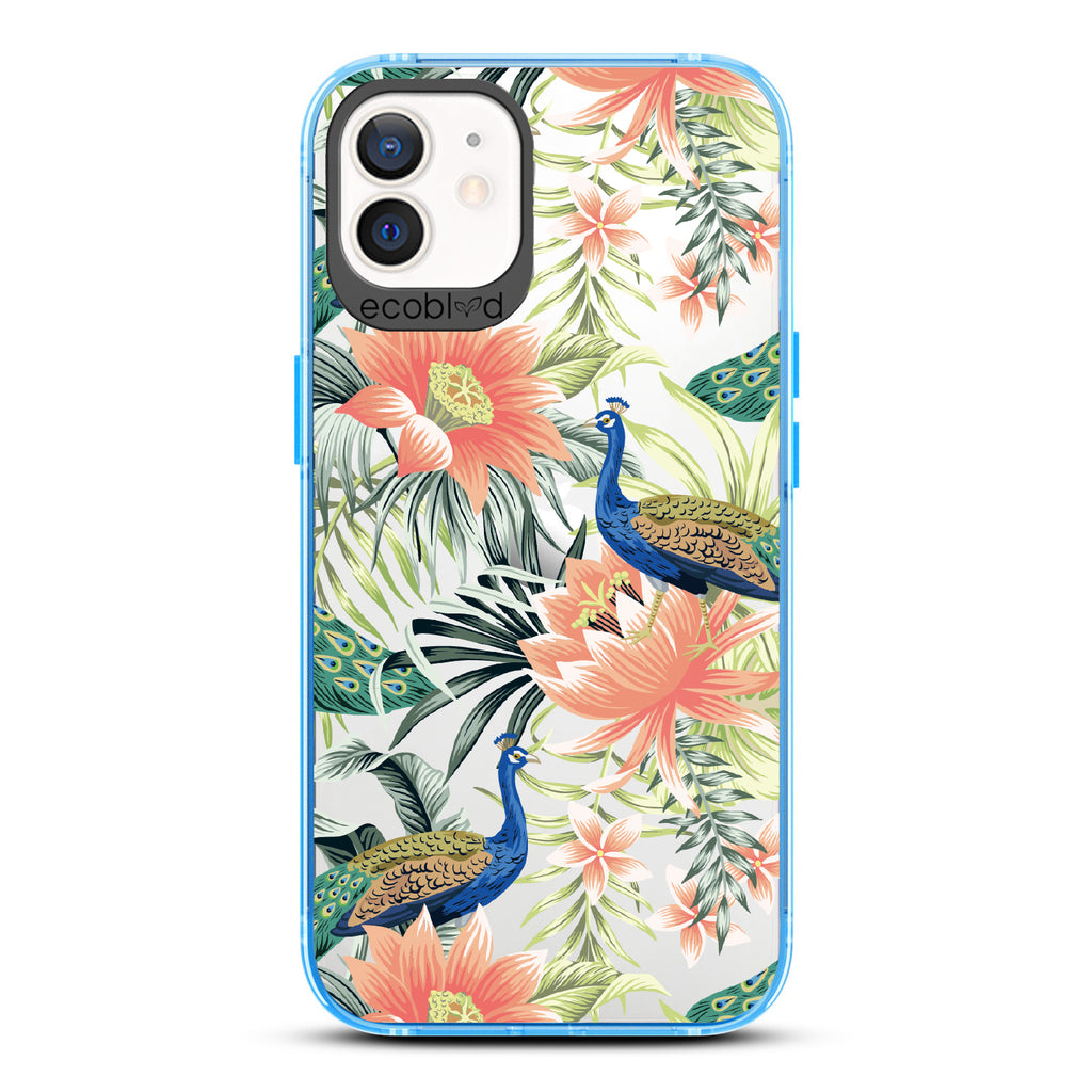Peacock Palace - Blue Eco-Friendly iPhone 12/12 Pro Case With Peacocks + Colorful Tropical Fauna On A Clear Back