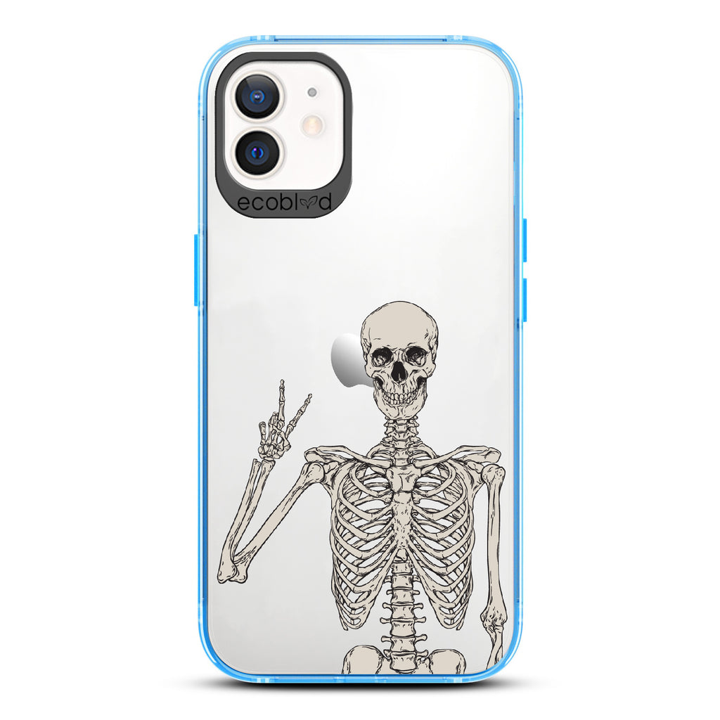 Creepin' It Real - Blue Eco-Friendly iPhone 12/12 Pro Case With Skeleton Giving A Peace Sign On A Clear Back