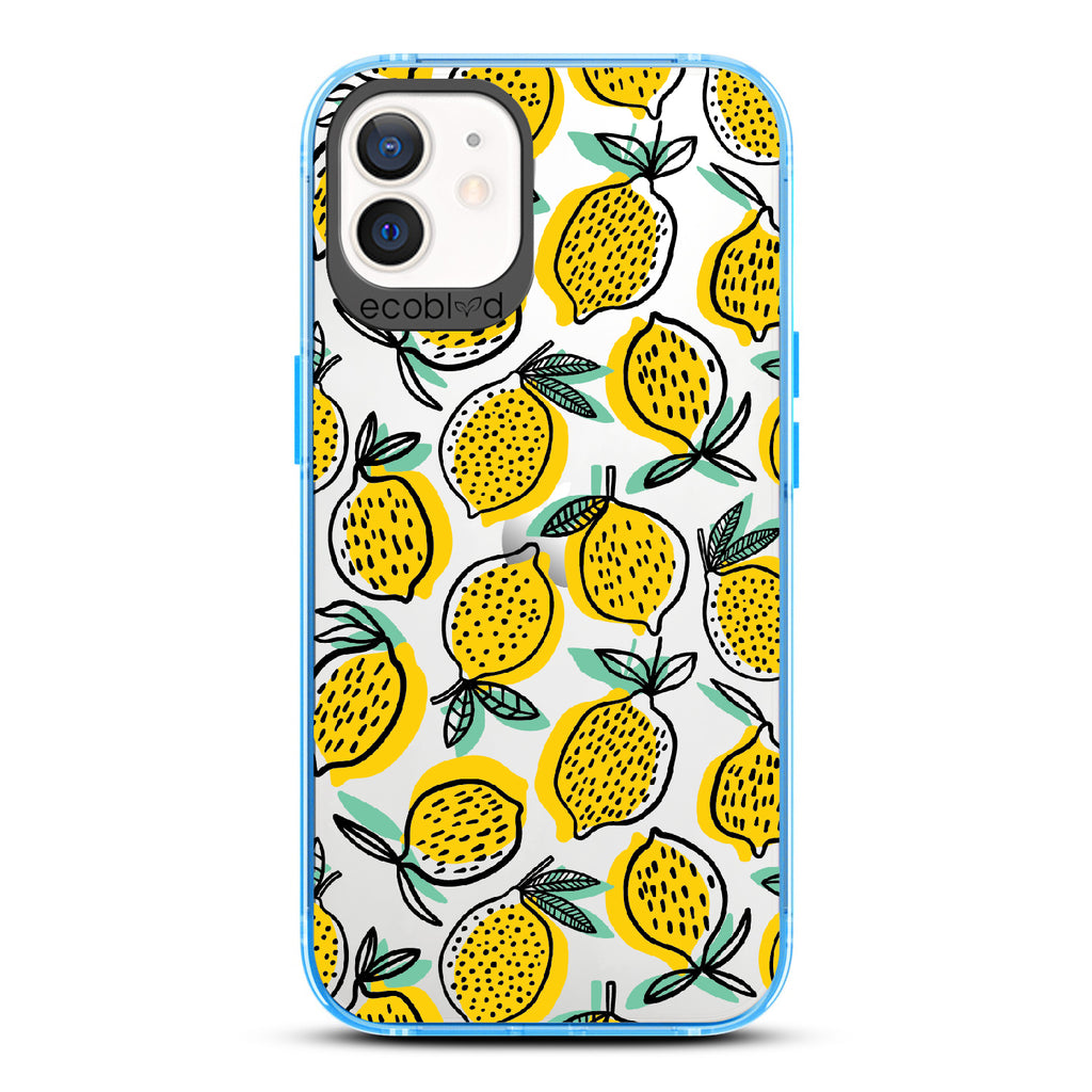 Lemon Drop -  Blue Eco-Friendly iPhone 12/12 Pro Case With Retro Lemon Print On A Clear Back