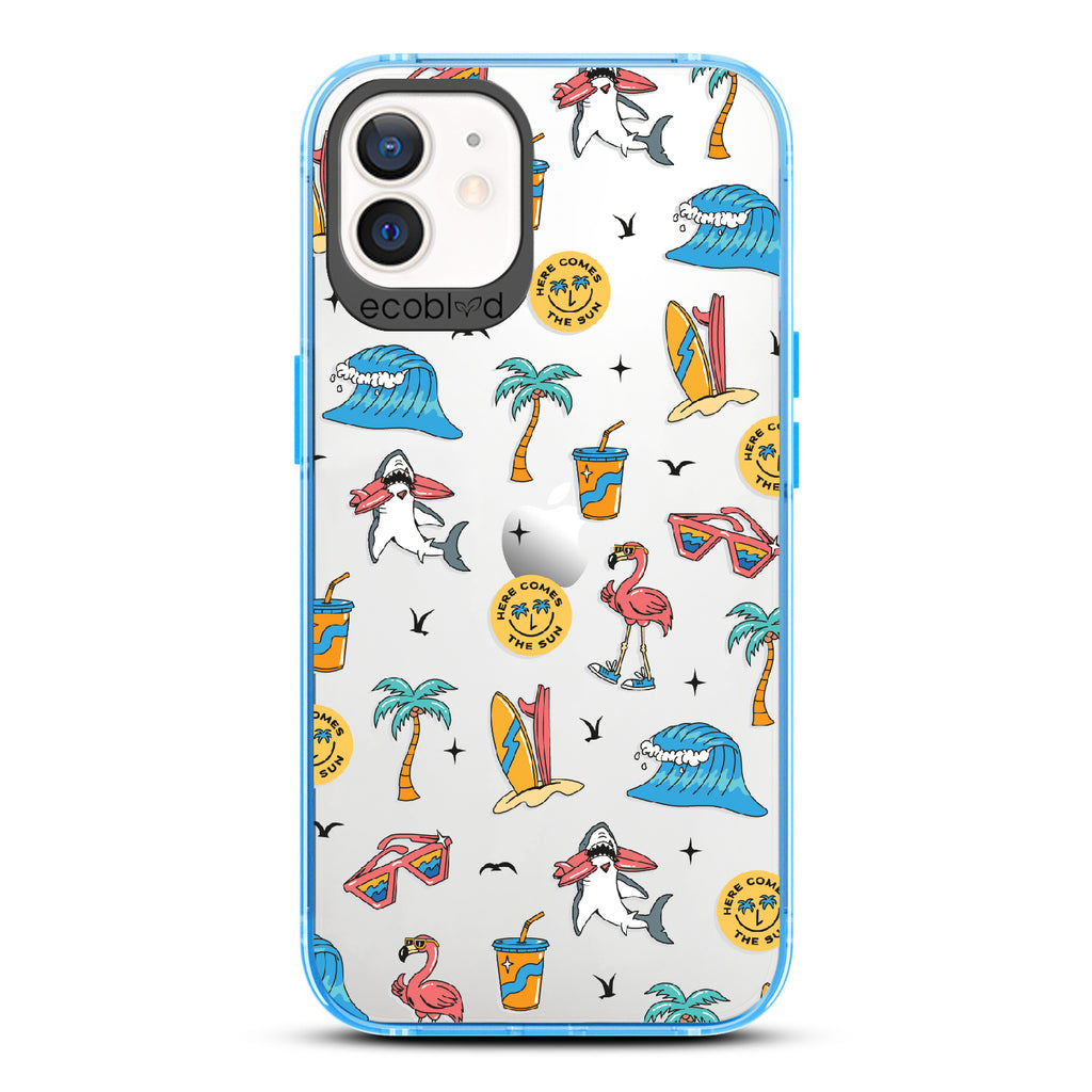  Here Comes The Sun - Blue Eco-Friendly iPhone 12/12 Pro Case: Sunglasses, Surfboard, Waves & Beach Theme On A Clear Back