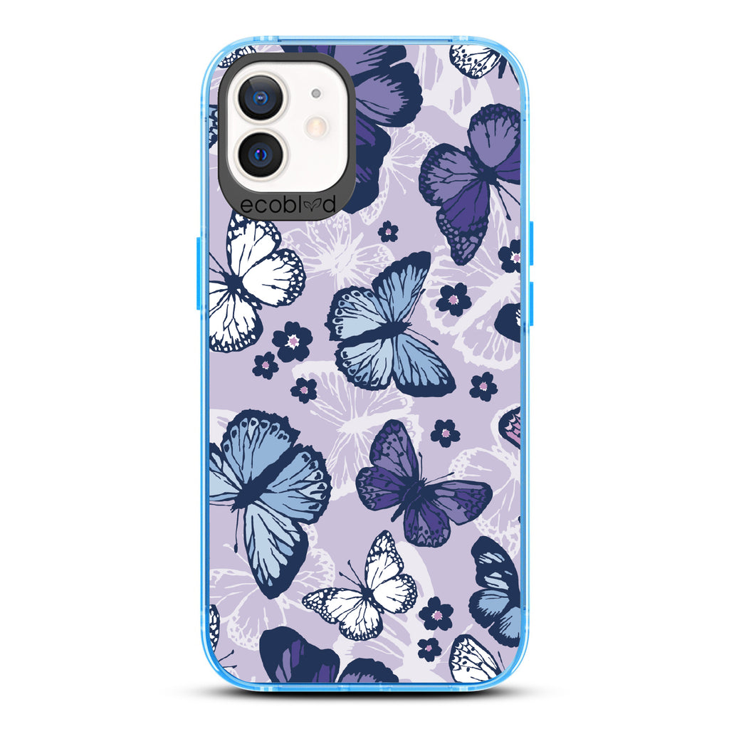  Deja Vu - Blue Eco-Friendly iPhone 12/12 Pro Case With Blue, White, Purple Butterflies & Flowers On A Purple / Clear Back