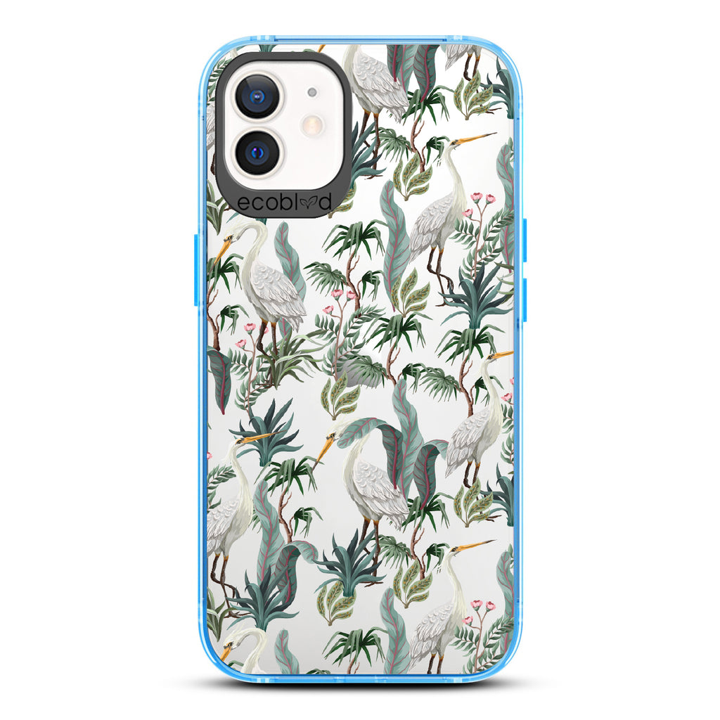Flock Together - Blue Eco-Friendly iPhone 12/12 Pro Case With Herons & Peonies On A Clear Back