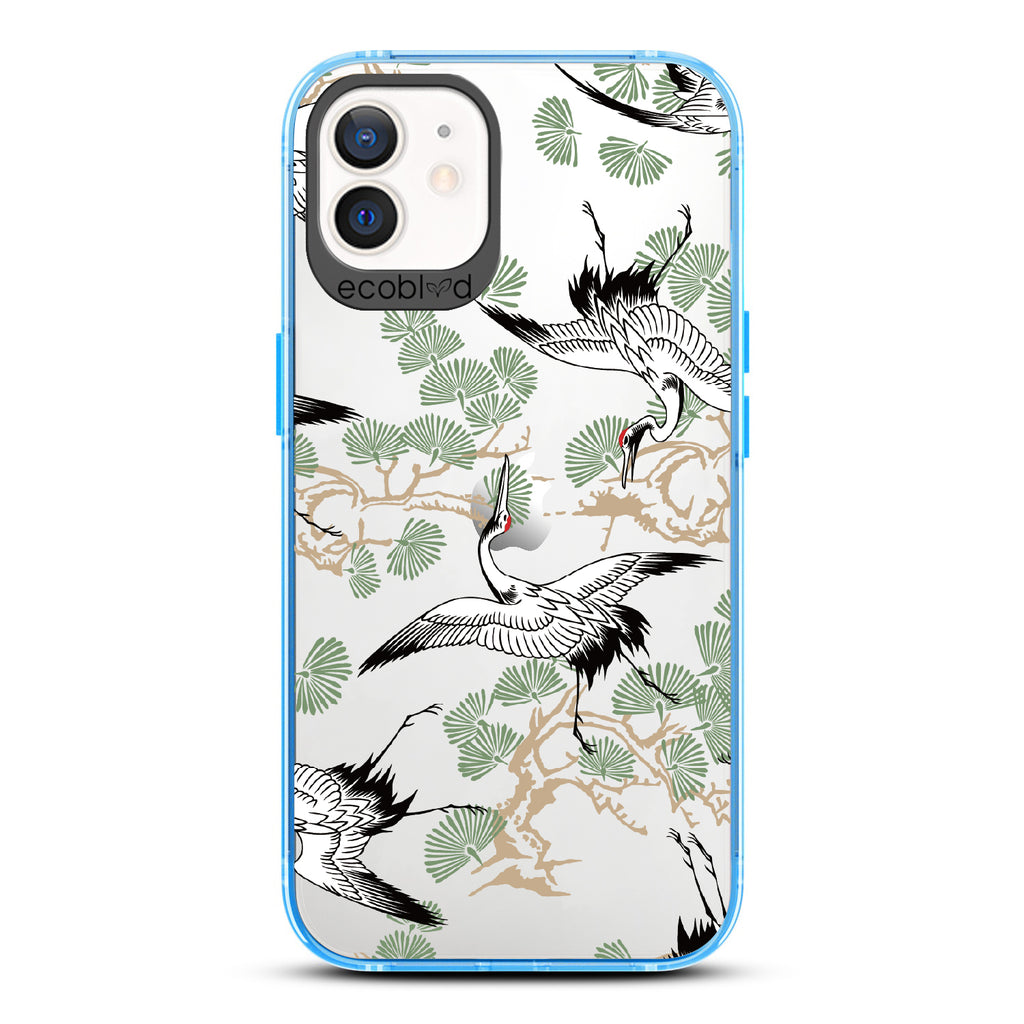 Graceful Crane - Blue Eco-Friendly iPhone 12/12 Pro Case With Japanese Cranes Atop Branches On A Clear Back