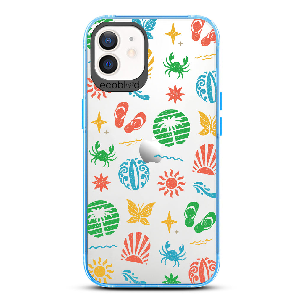 Island Time -  Blue Eco-Friendly iPhone 12/12 Pro Case With Surfboard Art Of Crabs, Sandals, Waves & More On A Clear Back