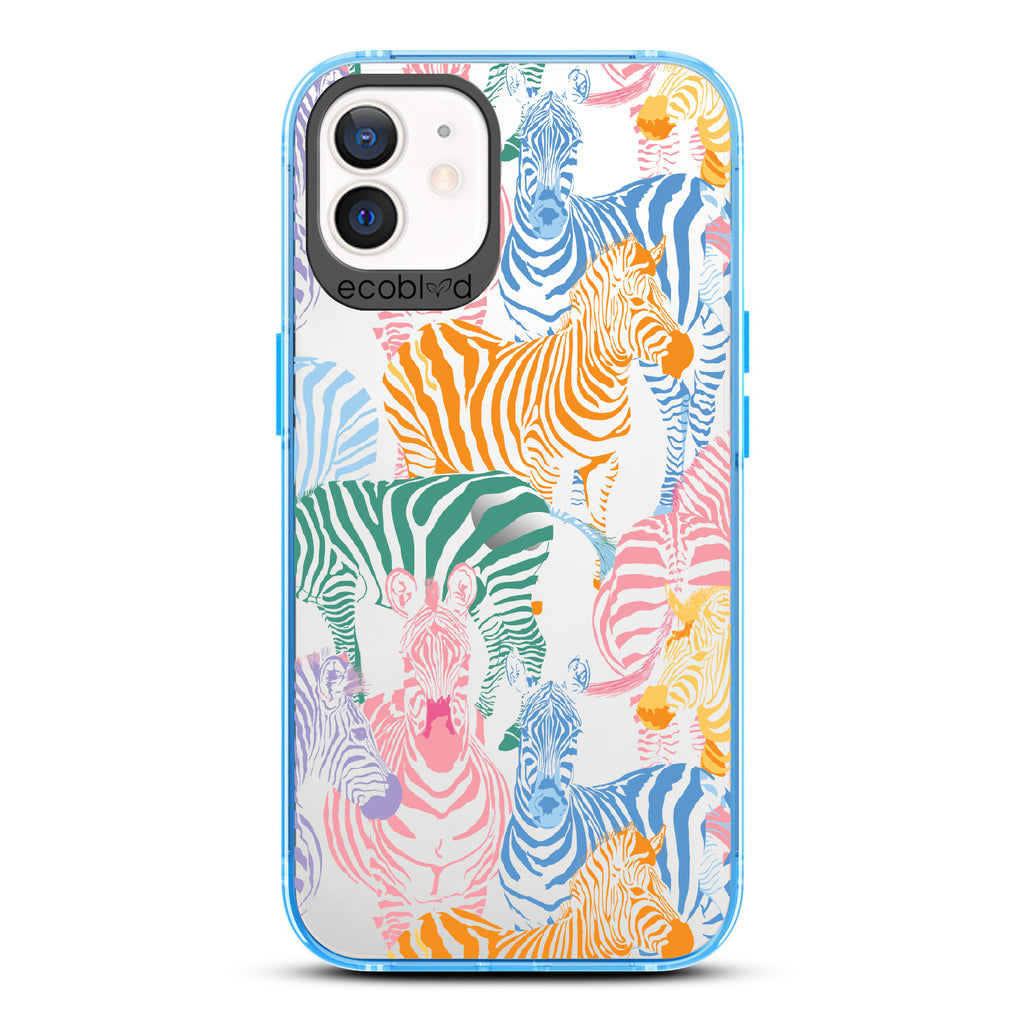 Colorful Herd - Blue Eco-Friendly iPhone 12/12 Pro Case With Zebras in Multiple Colors On A Clear Back