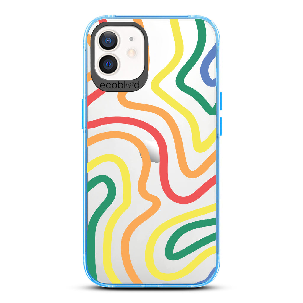 True Colors - Blue Eco-Friendly iPhone 12/12 Pro Case With Abstract Lines In Different Colors Of The Rainbow On A Clear Back