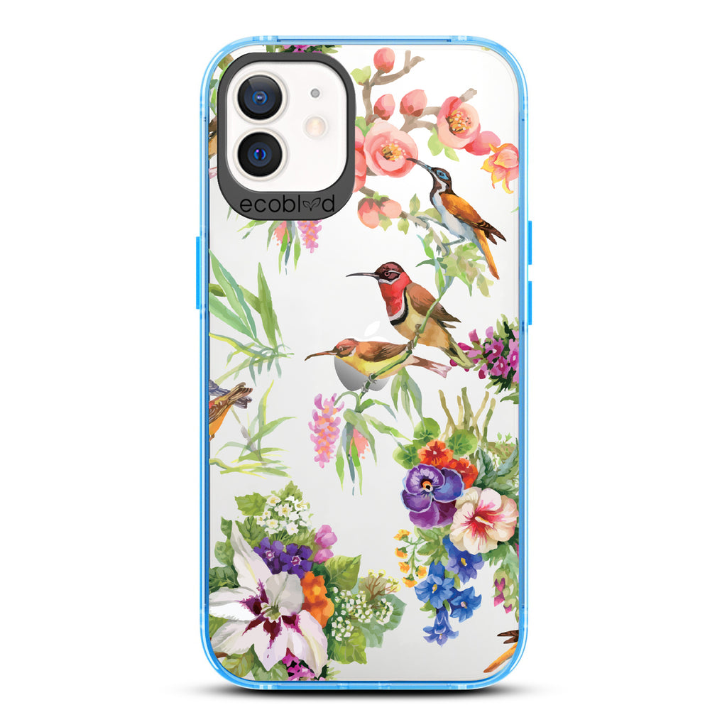 Sweet Nectar - Blue Eco-Friendly iPhone 12/12 Pro Case With Humming Birds, Colorful Garden Flowers On A Clear Back