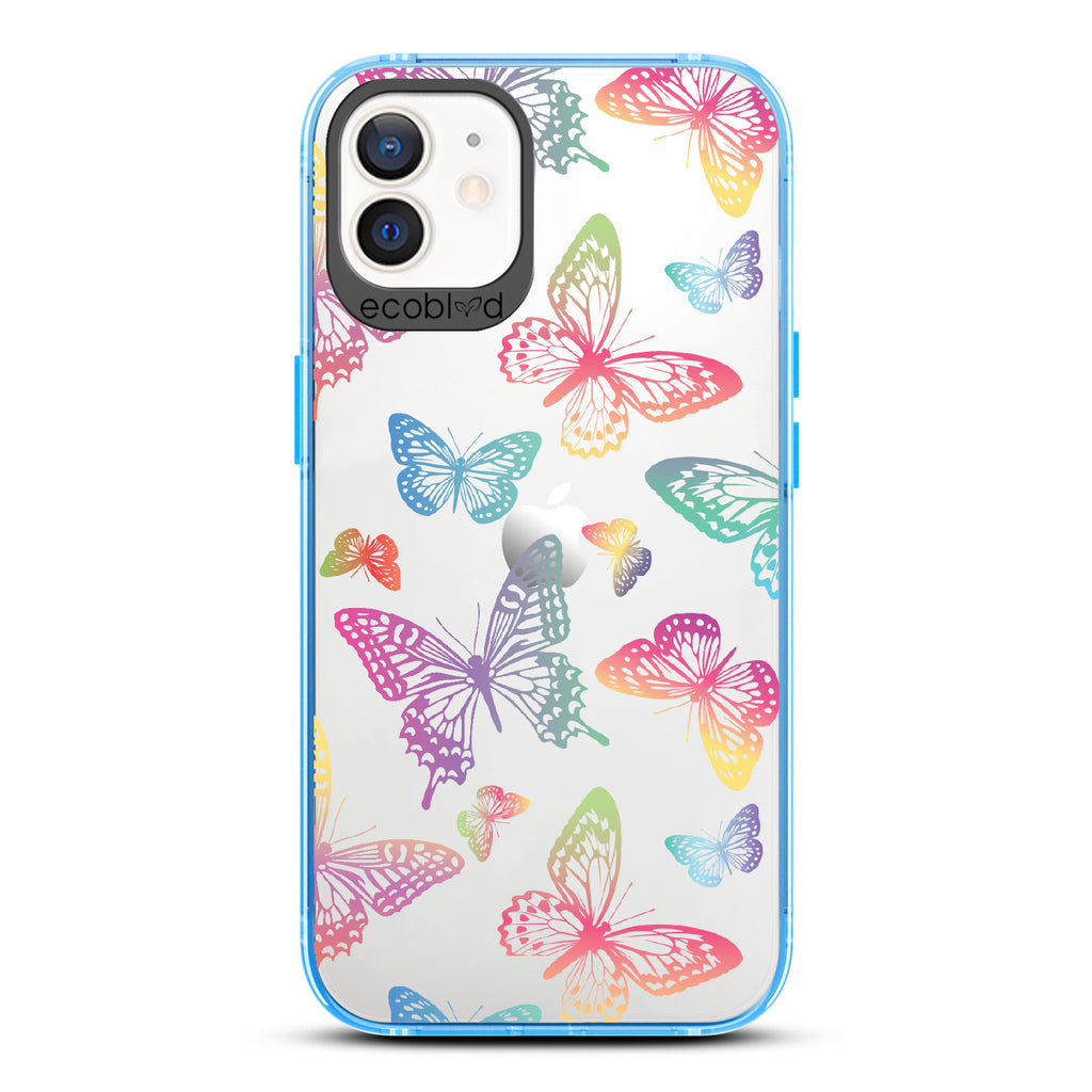 Butterfly Effect - Blue Eco-Friendly iPhone 12/12 Pro Case With Multi-Colored Neon Butterflies On A Clear Back