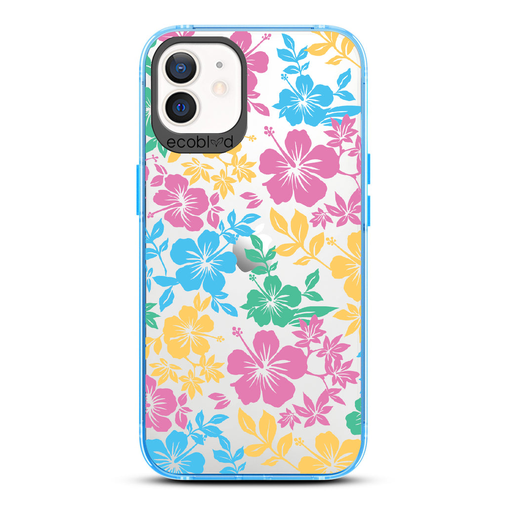 Lei'd Back - Blue Eco-Friendly iPhone 12/12 Pro Case With Colorful Hawaiian Hibiscus Floral Print On A Clear Back