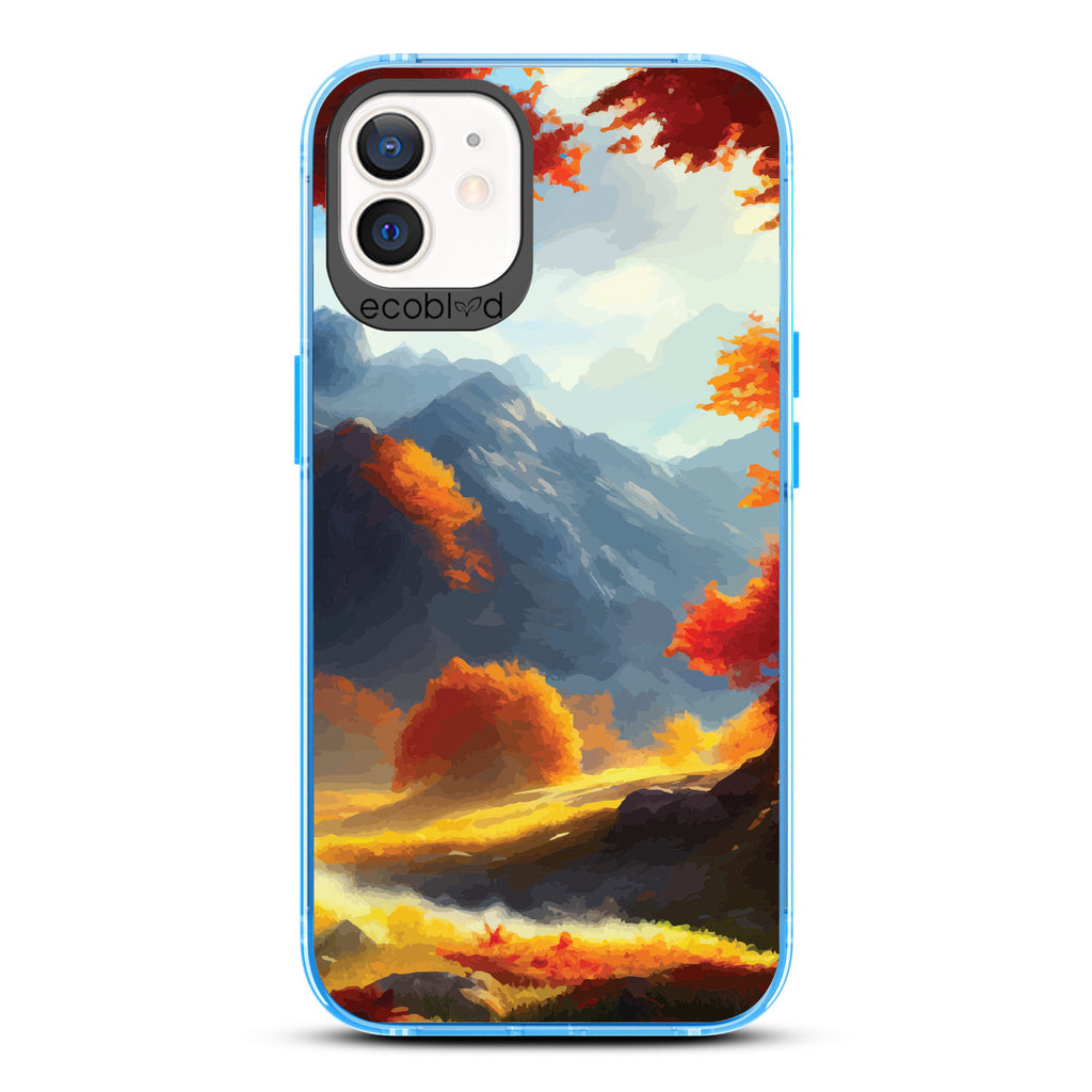 Autumn Canvas - Watercolored Fall Mountain Landscape - Eco-Friendly Clear iPhone 12/12 Pro Case With Blue Rim 