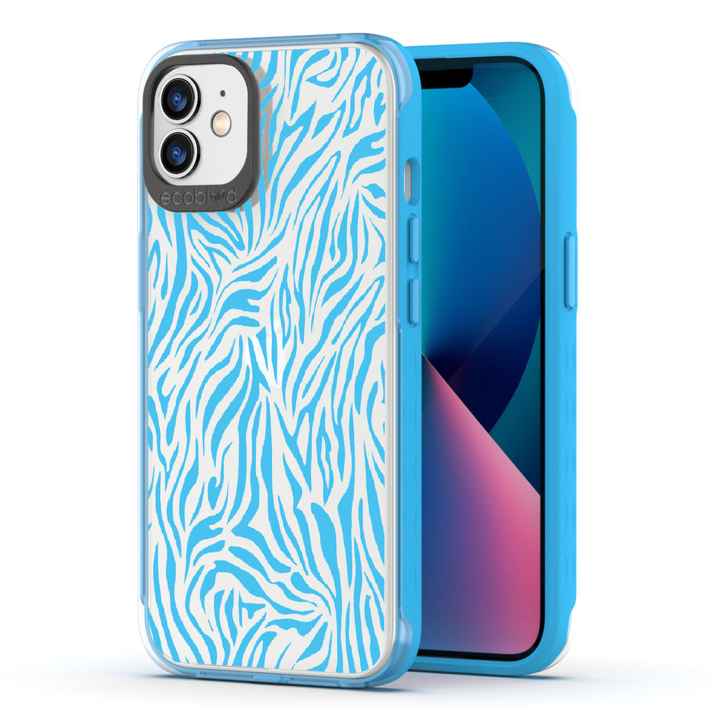 Zebra Print - Back View Of Blue & Clear Eco-Friendly iPhone 12/12 Pro Case & A Front View Of The Screen