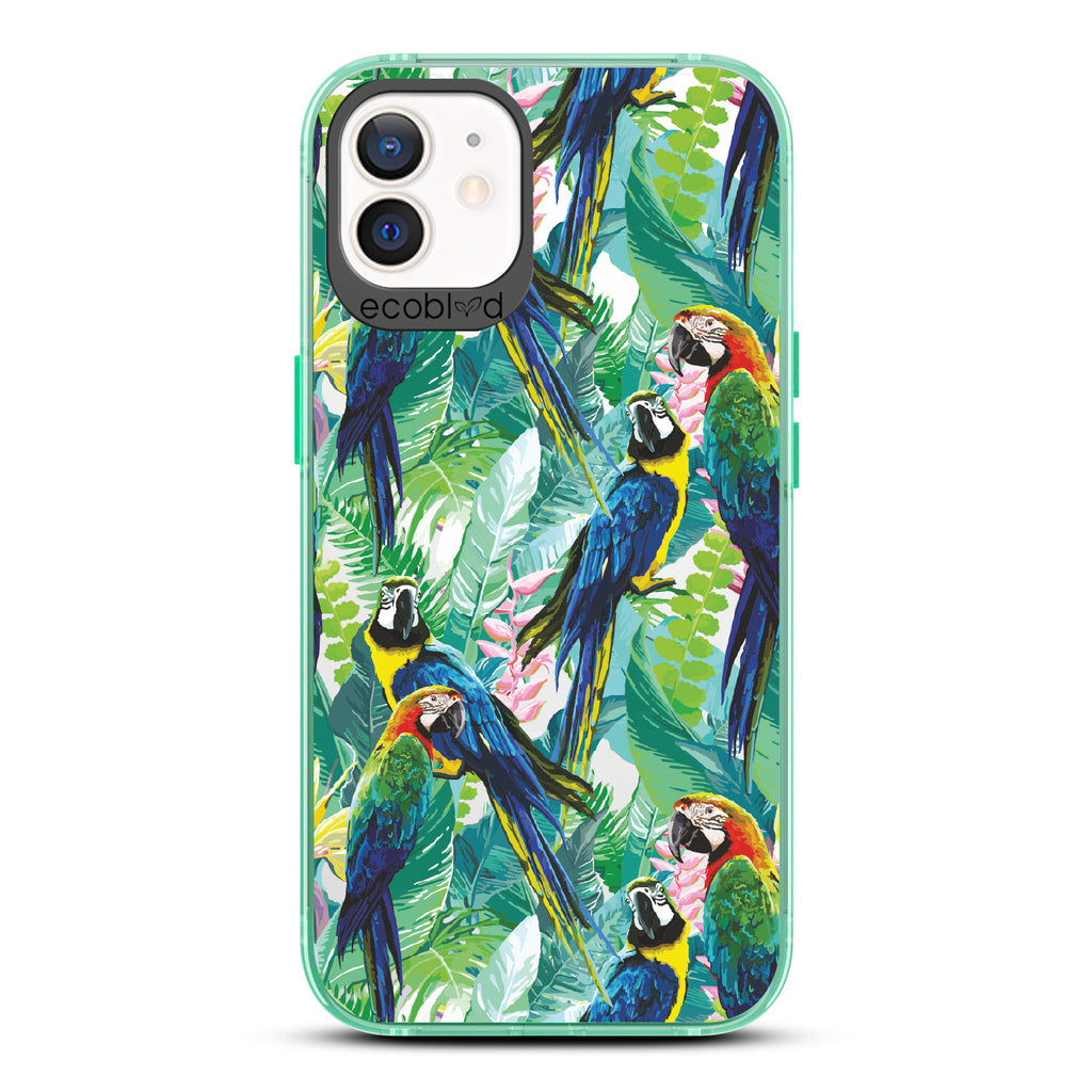 Macaw Medley - Green Eco-Friendly iPhone 12/12 Pro Case With Macaws & Tropical Leaves On A Clear Back