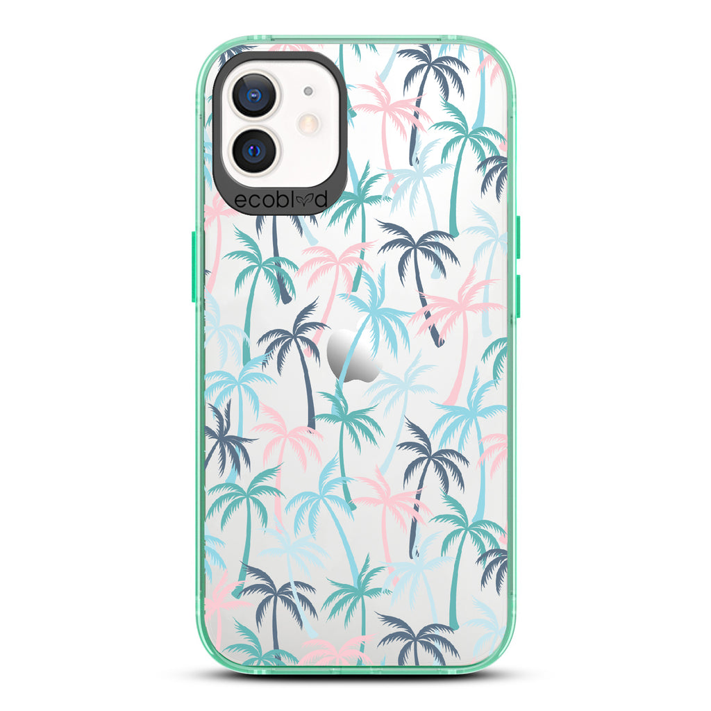 Cruel Summer - Green Eco-Friendly iPhone 12/12 Pro Case With Hotline Miami Colored Tropical Palm Trees On A Clear Back