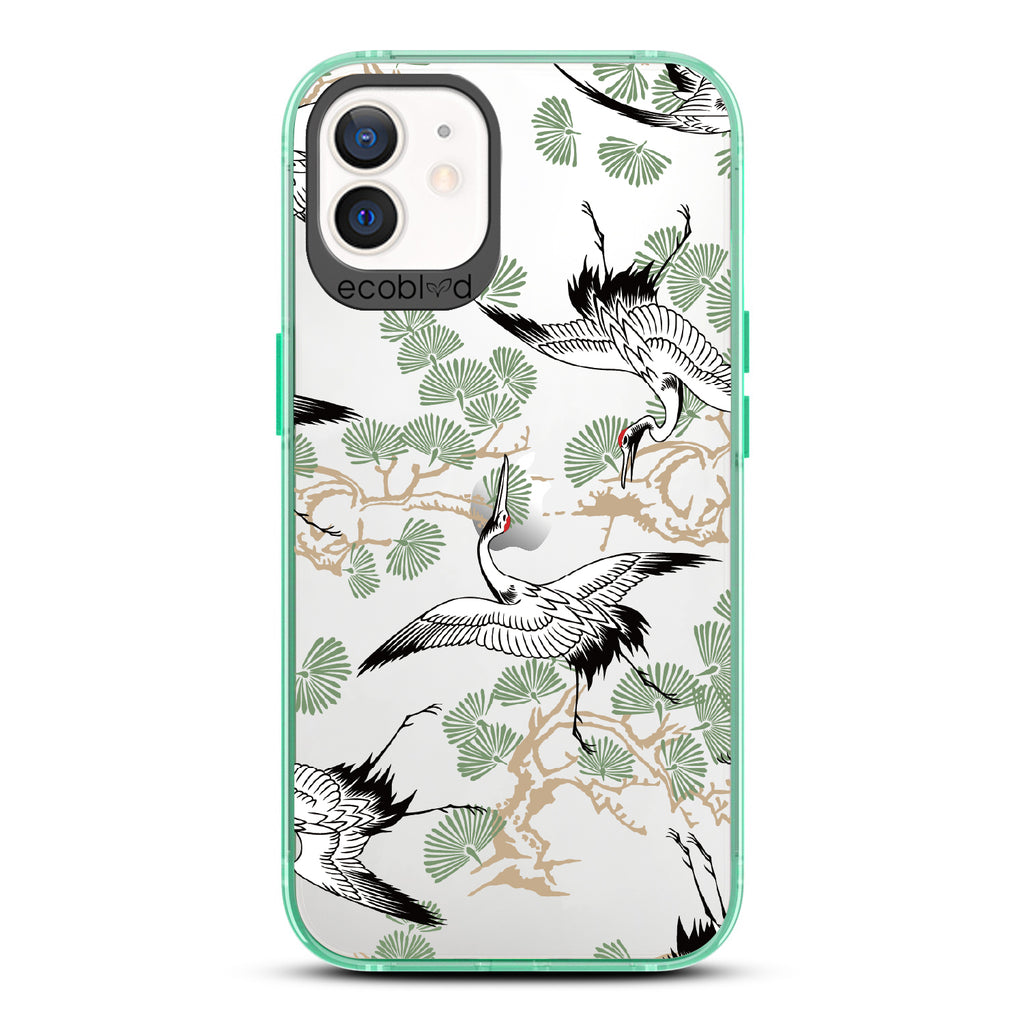 Graceful Crane - Green Eco-Friendly iPhone 12/12 Pro Case With Japanese Cranes Atop Branches On A Clear Back