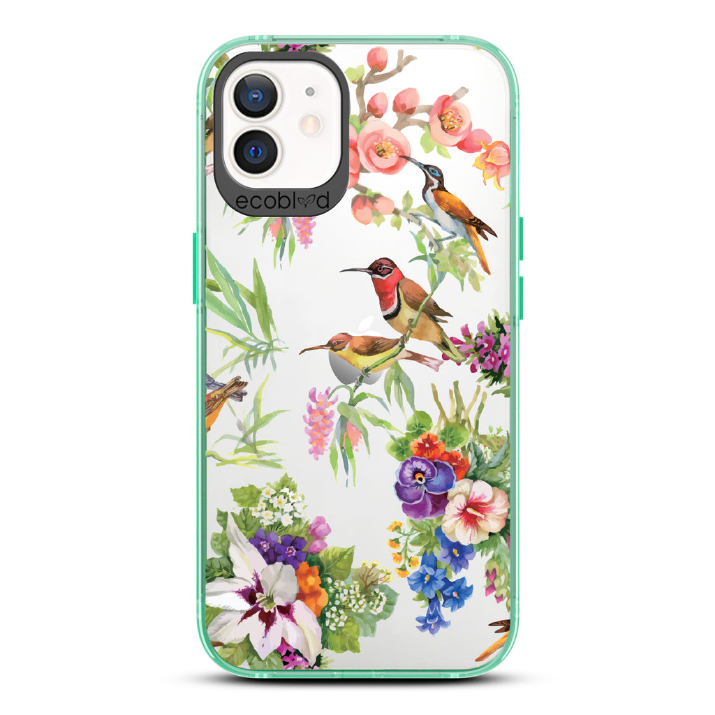 Sweet Nectar - Green Eco-Friendly iPhone 12/12 Pro Case With Humming Birds, Colorful Garden Flowers On A Clear Back