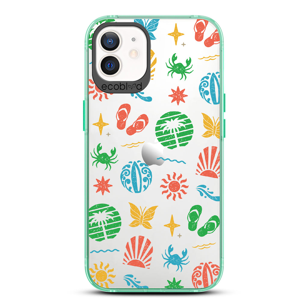Island Time - Green Eco-Friendly iPhone 12/12 Pro Case With Surfboard Art Of Crabs, Sandals, Waves & More On A Clear Back
