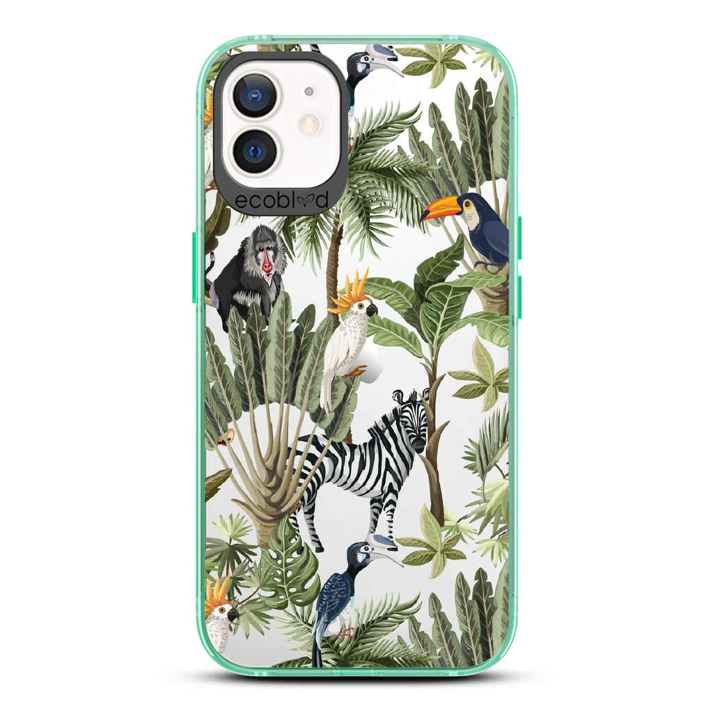 Toucan Play That Game - Green Eco-Friendly iPhone 12/12 Pro Case With Jungle Fauna, Toucan, Zebra & More On A Clear Back
