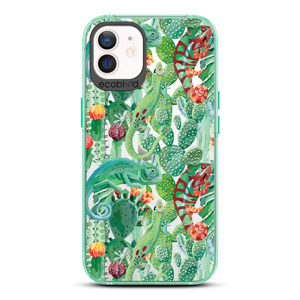 In Plain Sight - Green Eco-Friendly iPhone 12/12 Pro Case With Chameleons On Cacti On A Clear Back