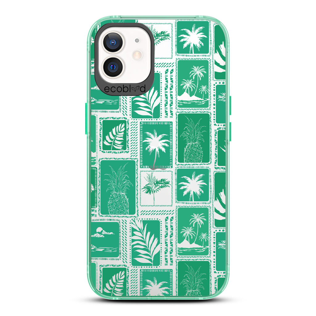 Oasis - Green Eco-Friendly iPhone 12/12 Pro Case With Tropical Shirt Palm Trees & Pineapple Print On A Clear Back