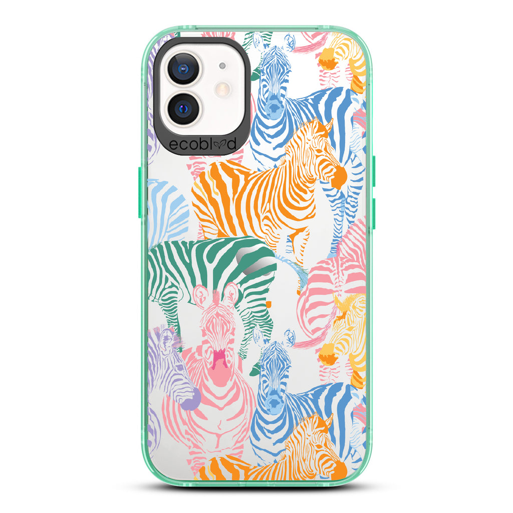 Colorful Herd - Green Eco-Friendly iPhone 12/12 Pro Case With Zebras in Multiple Colors On A Clear Back