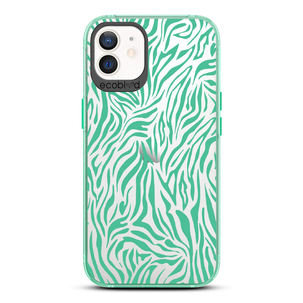 Zebra Print - Green Eco-Friendly iPhone 12/12 Pro Case With Green Zebra Print On A Clear Back