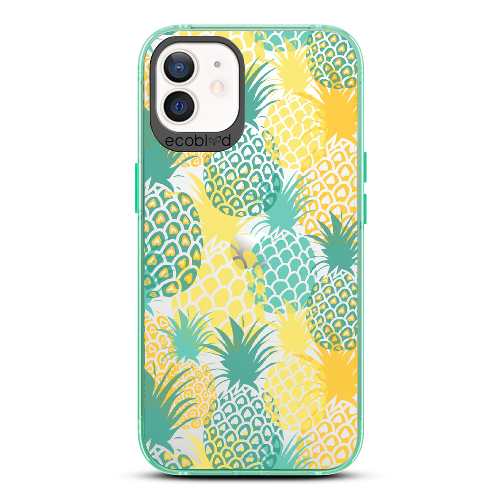 Pineapple Breeze - Green Eco-Friendly iPhone 12/12 Pro Case With Tropical Colored Pineapples On A Clear Back