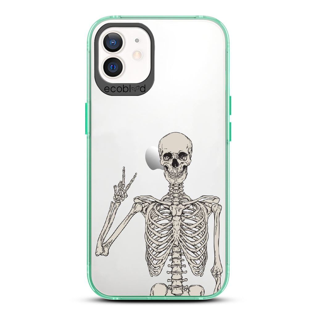 Creepin' It Real - Green Eco-Friendly iPhone 12/12 Pro Case With Skeleton Giving A Peace Sign On A Clear Back
