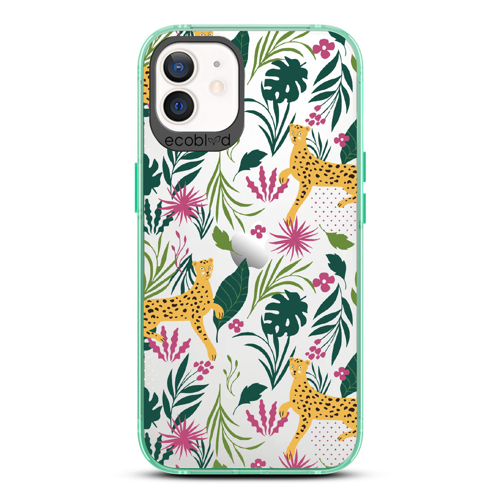 Jungle Boogie - Green Eco-Friendly iPhone 12/12 Pro Case With Cheetahs Among Lush Colorful Jungle Foliage On A Clear Back