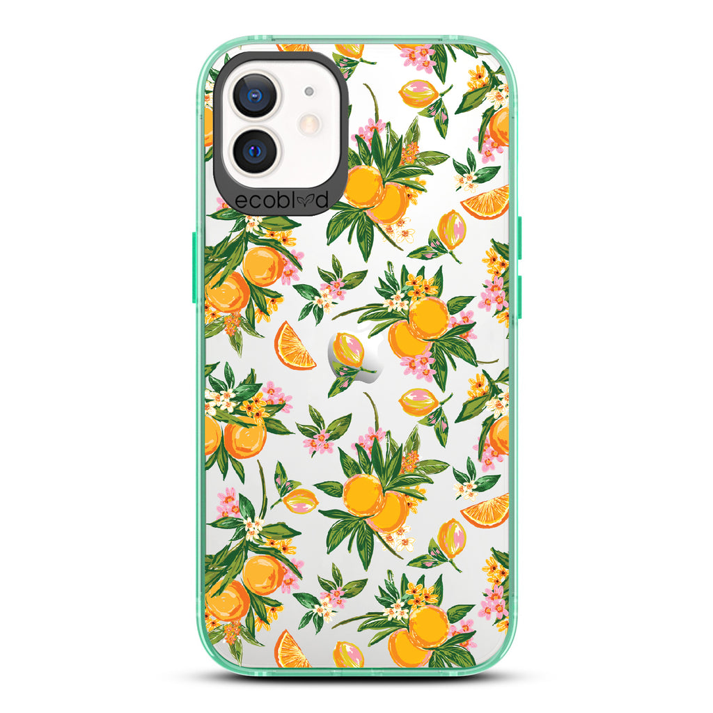 Orange Bliss - Green Eco-Friendly iPhone 12/12 Pro Case With Oranges, Orange Slices and Leaves On A Clear Back