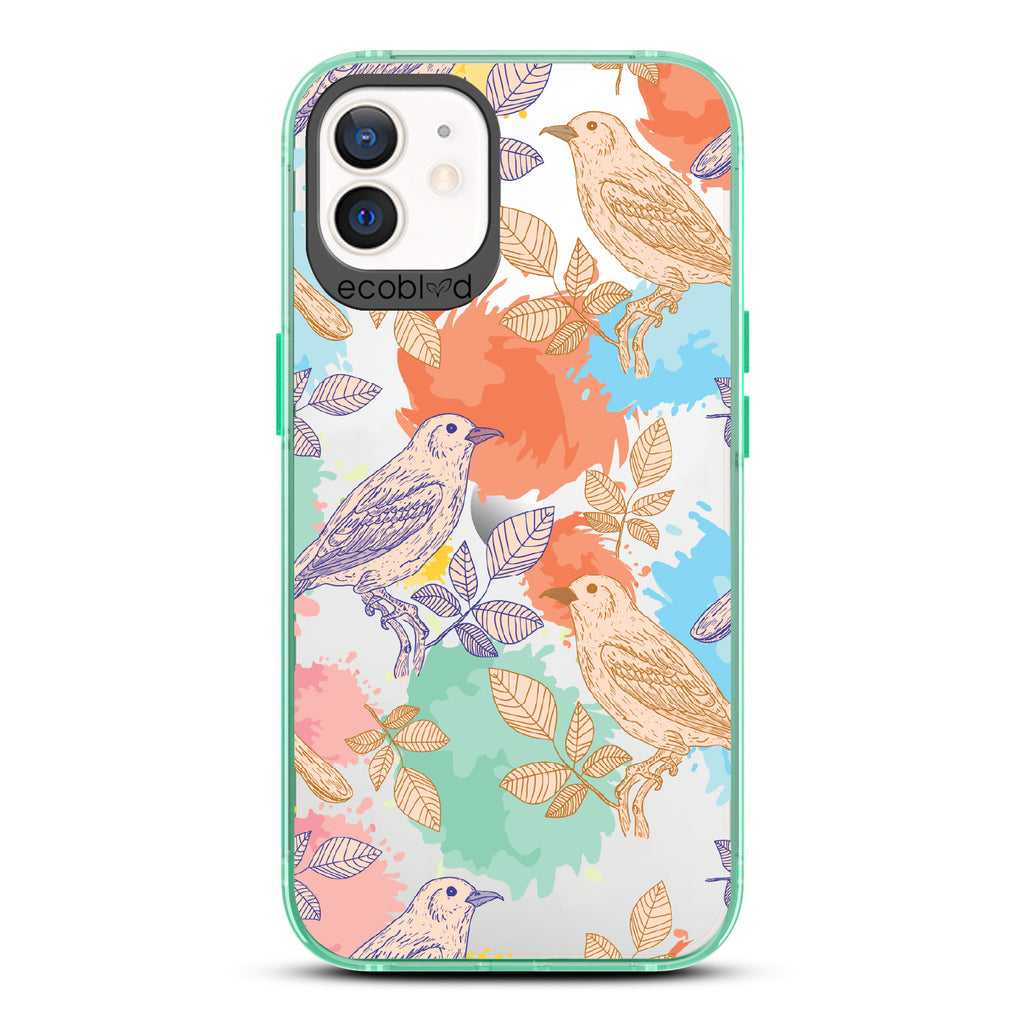 Perch Perfect - Green Eco-Friendly iPhone 12/12 Pro Case With Birds On Branches & Splashes Of Color On A Clear Back