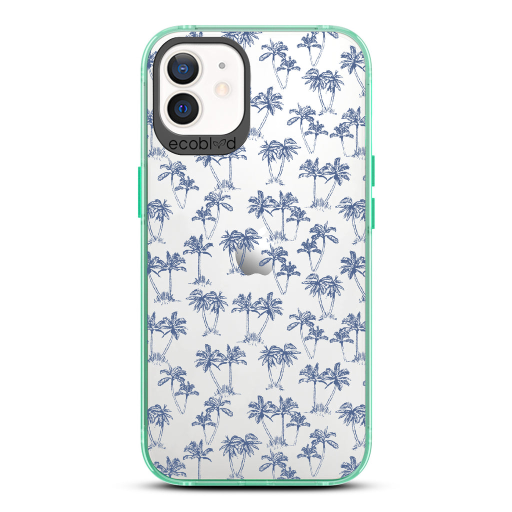 Endless Summer - Green Eco-Friendly iPhone 12/12 Pro Case With 50's-Style Blue Palm Trees Print On A Clear Back