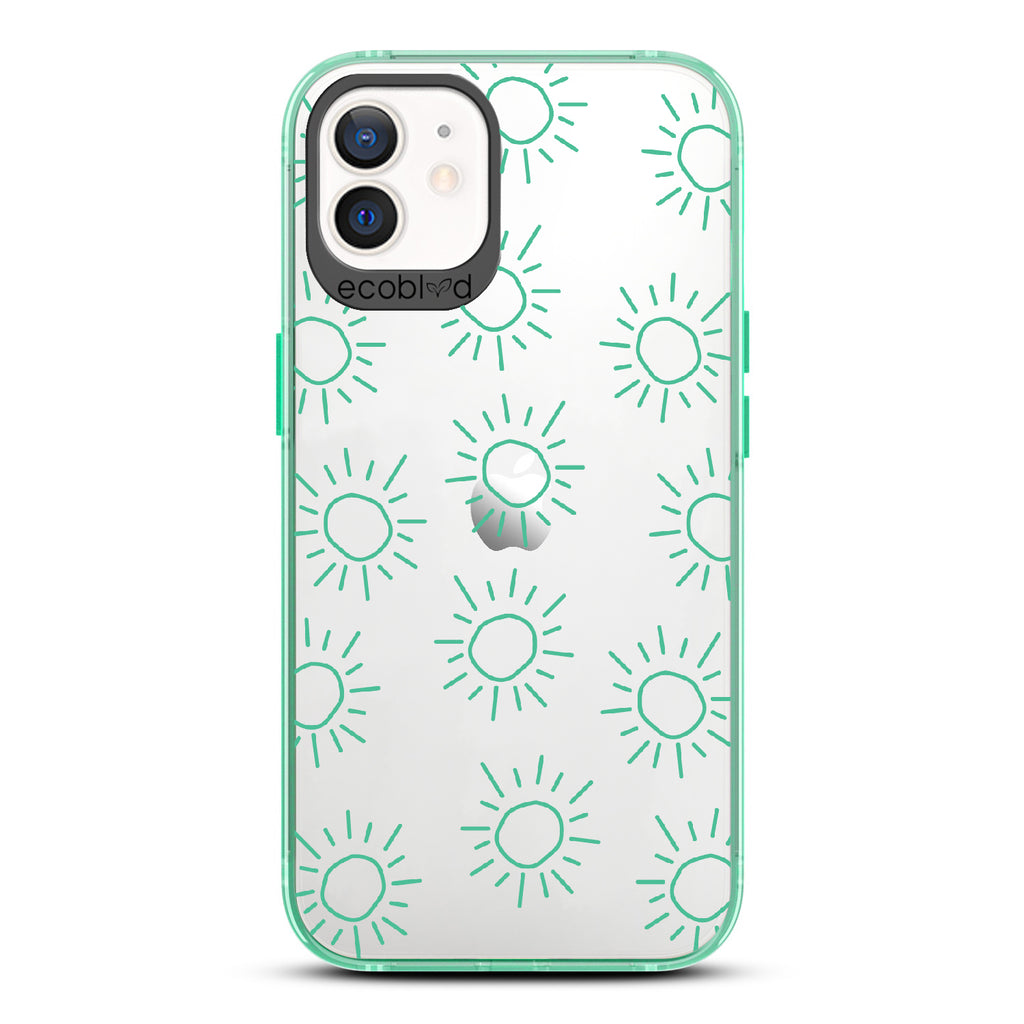 Sun - Green Eco-Friendly iPhone 12/12 Pro Case With Various Scribbled Suns On A Clear Back