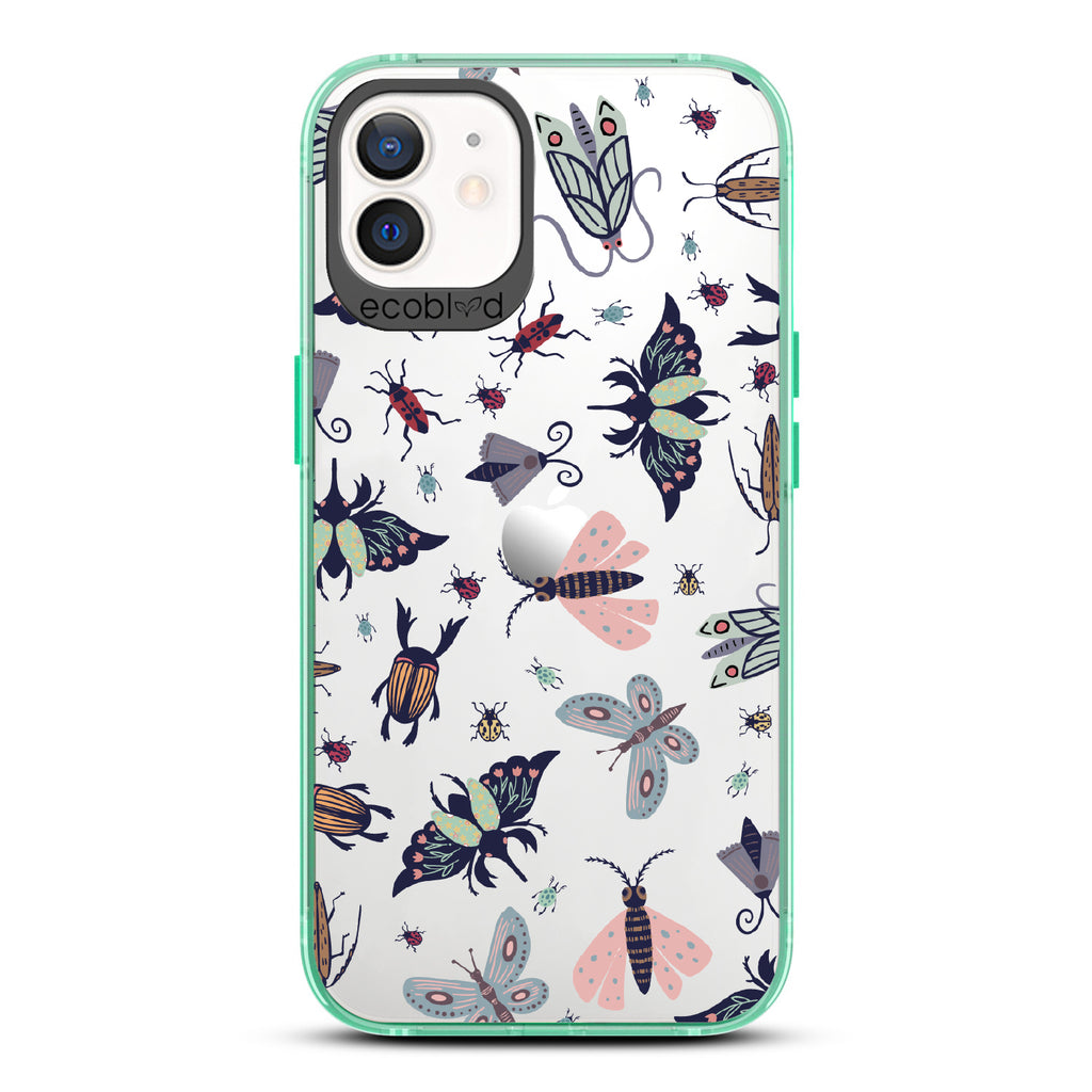 Bug Out - Green Eco-Friendly iPhone 12/12 Pro Case With Butterflies, Moths, Dragonflies, And Beetles On A Clear Back