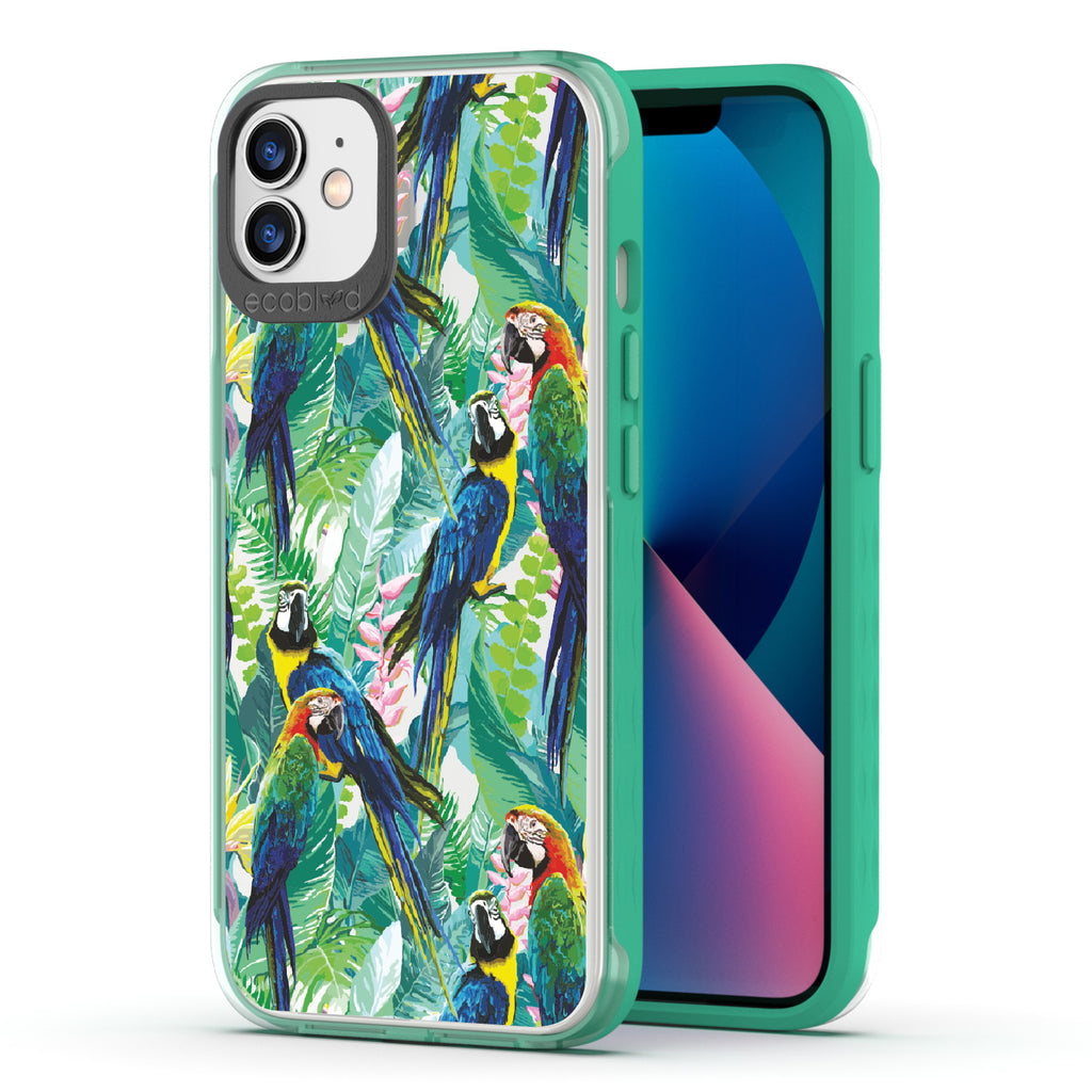 Macaw Medley - Back View Of Green & Clear Eco-Friendly iPhone 12/12 Pro Case & A Front View Of The Screen