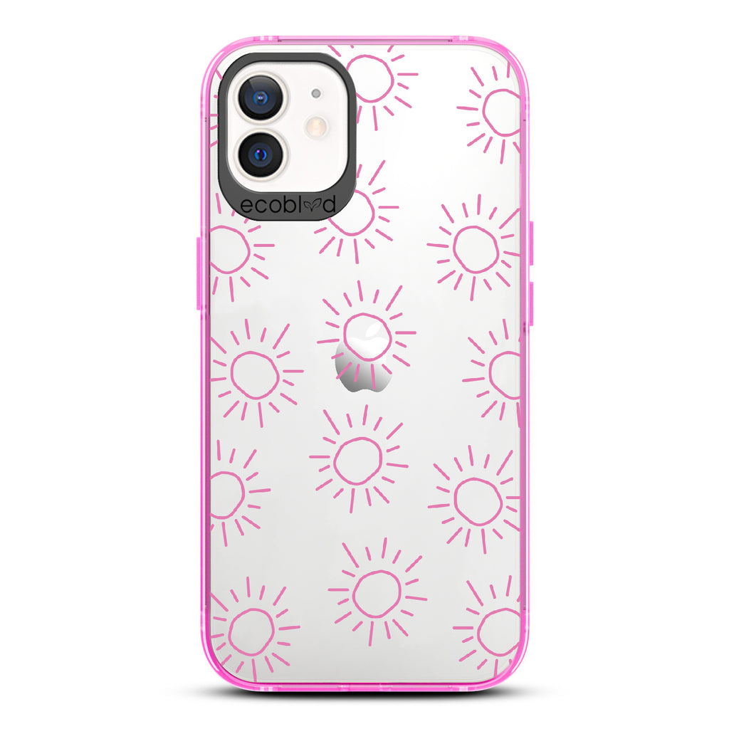 Sun - Pink Eco-Friendly iPhone 12/12 Pro Case With Various Scribbled Suns On A Clear Back
